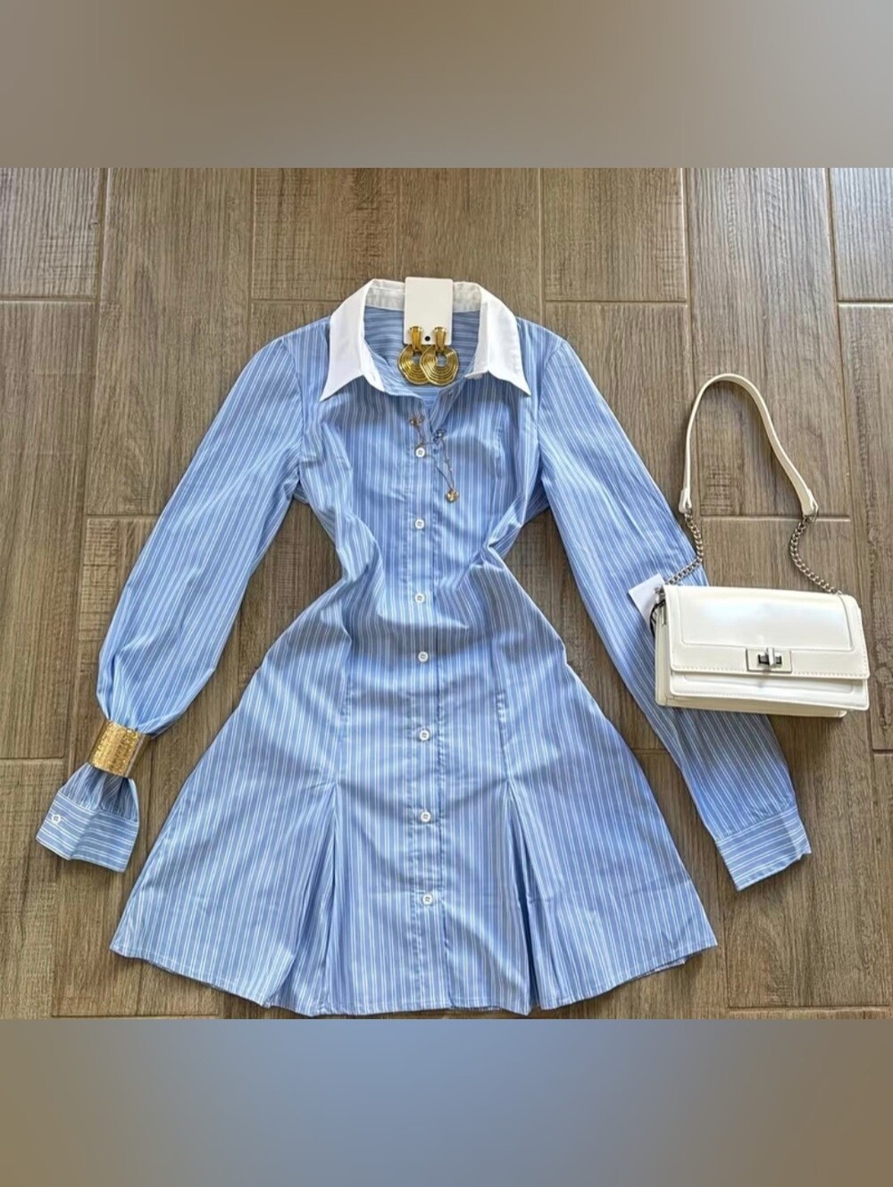 Long-sleeve Contrast-color Shirt-style Dress with Lapel Collar, Casual and Elega